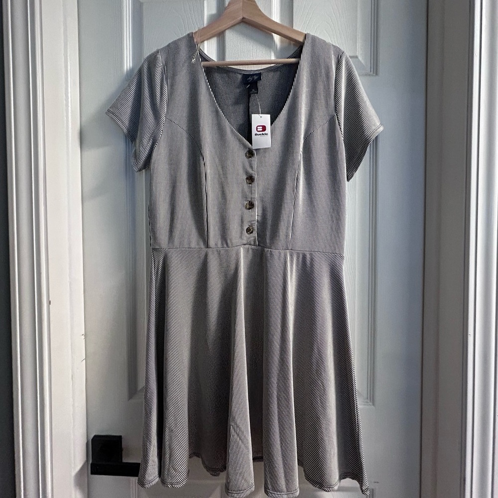 Buckle Black and White Striped Button-Front Dress